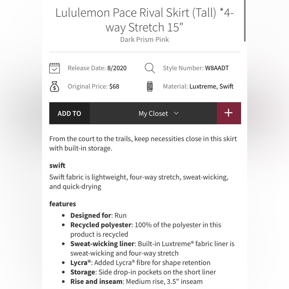 Lululemon Pace Rival Skirt (Tall) *4-way Stretch 15" in Dark Prism Pink. - Picture 3 of 9